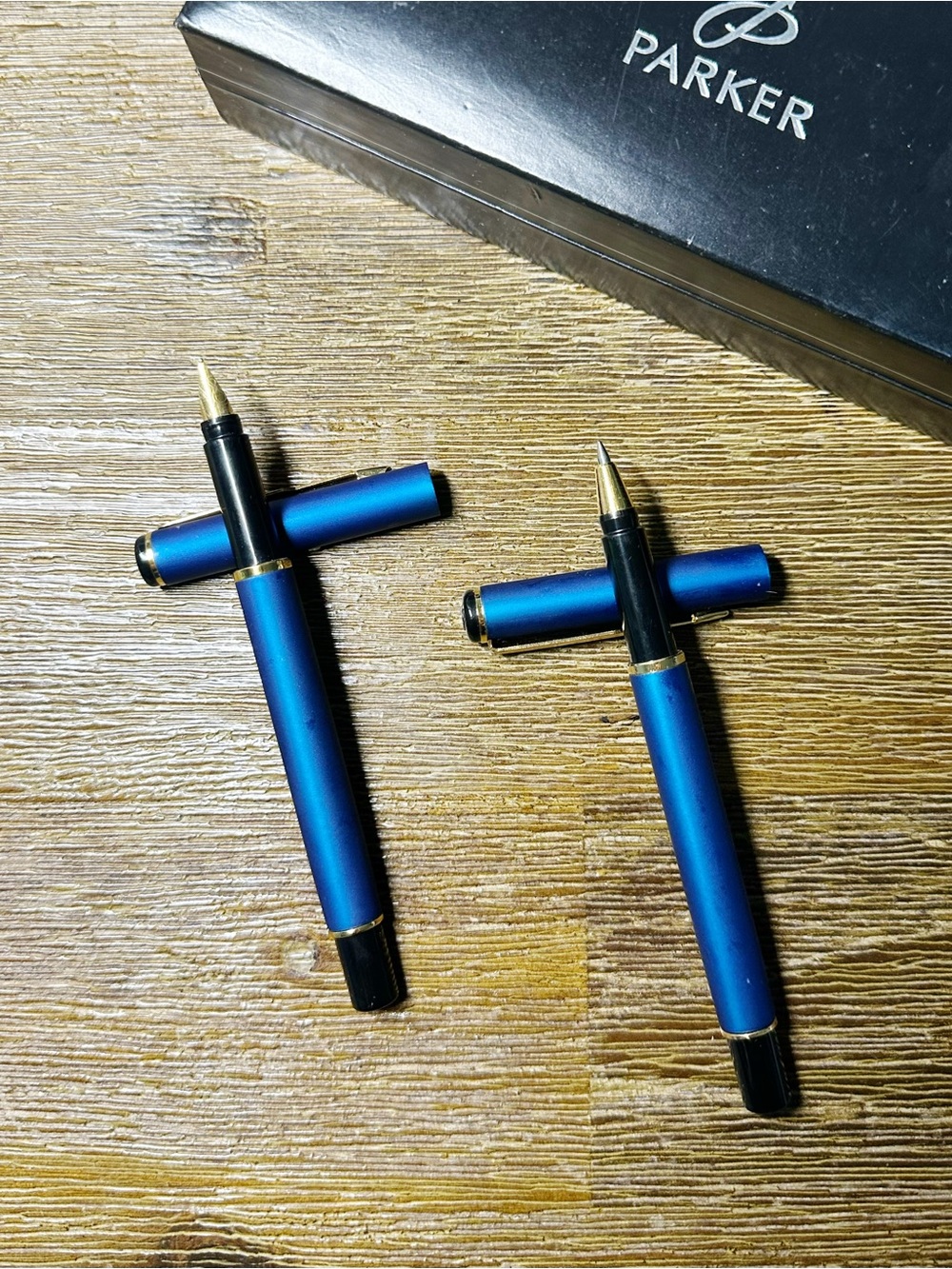 Parker Metallic Blue Ink Pen and ball Pen Duo with Gold Trim